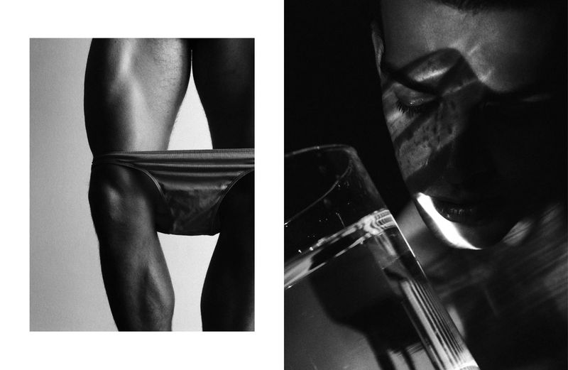 Monochrome diptych featuring a muscular male torso with briefs and a face partially obscured by a glass in a dimly lit setting.