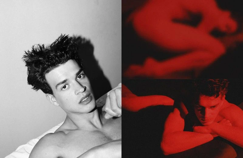 Monochromatic portrait of a bare-chested man against gray, split with a red-toned blurred male form against a dark background.