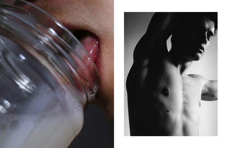 Black and white photo featuring a man drinking from a jar on the left and a man with toned torso in soft lighting on the right.