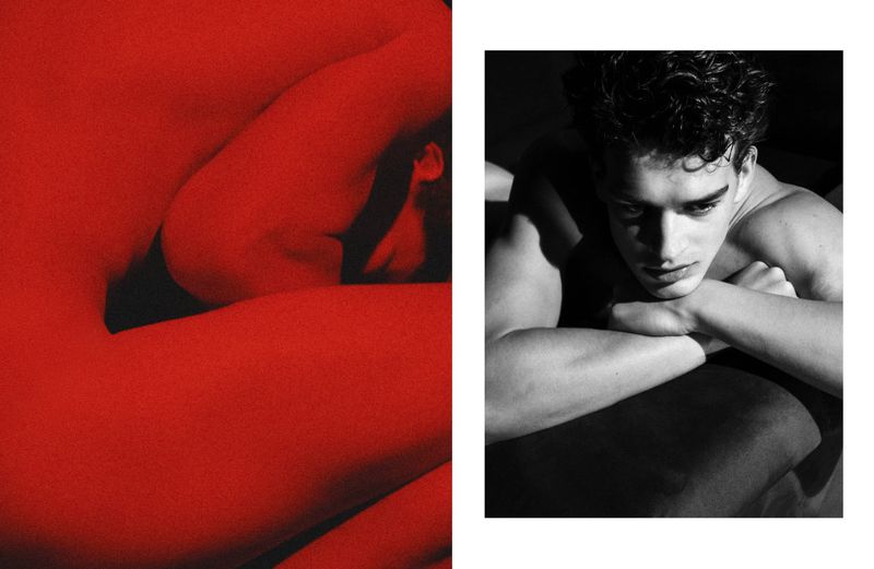 Two-panel portrait: torso of a human with their face hidden in red-filtered light and a person in monochrome grayscale. 