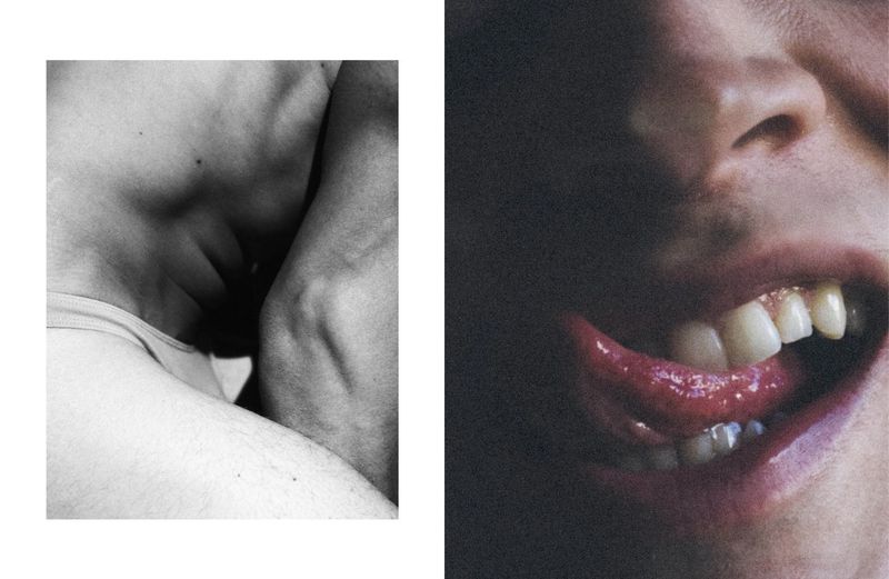 Striking diptych featuring a black and white torso and a close-up of a mouth with the tongue extended.