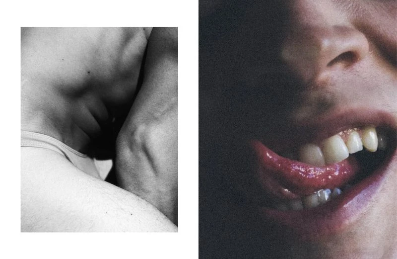 Striking diptych featuring a black and white torso and a close-up of a mouth with the tongue extended.