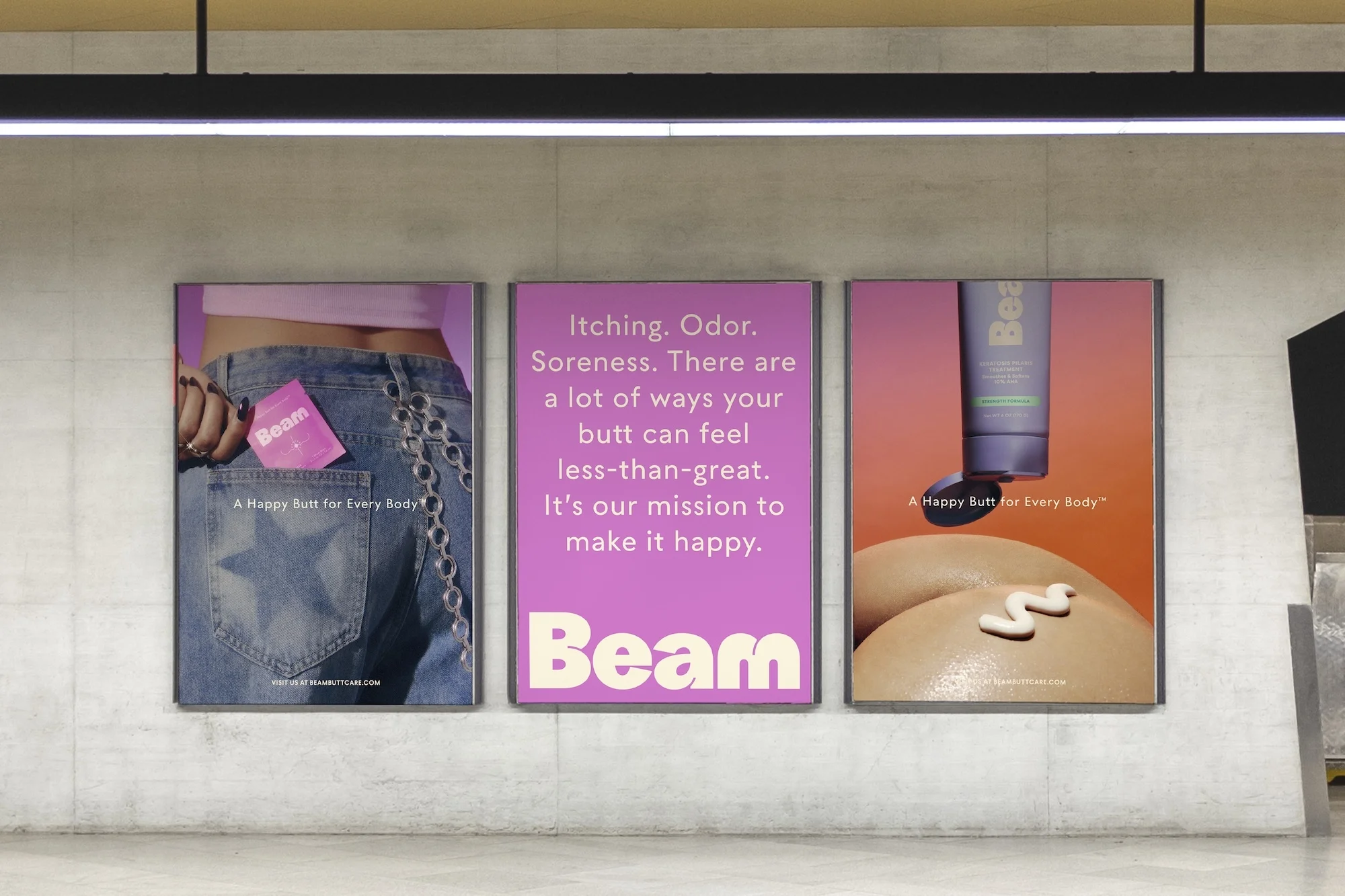 Three posters showcase 'Beam' skincare with model's back, product shot, and promo text in pink. Modern product advertising in subway.