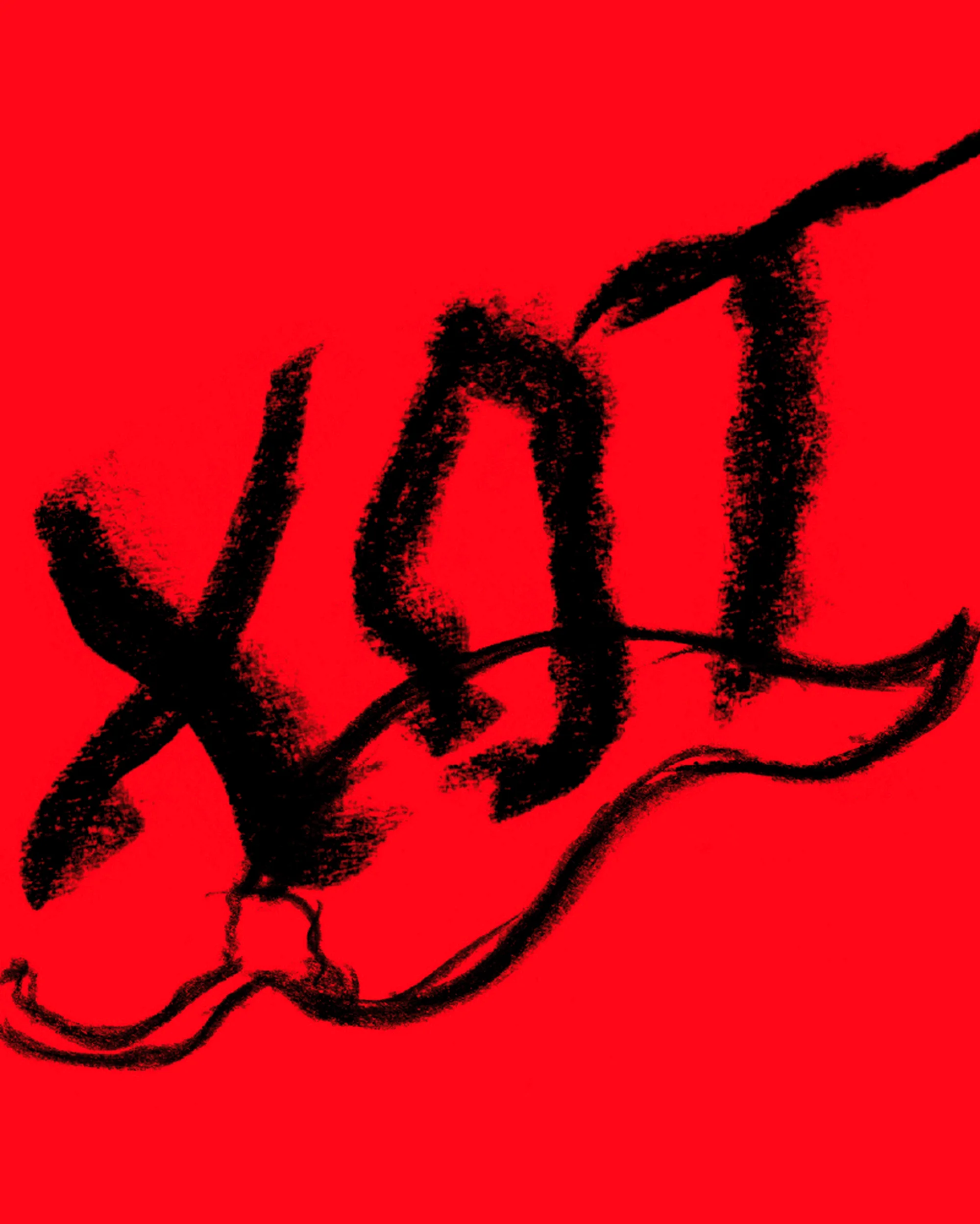 Bold black illustrative brand logo rendered in rough charcoal brushstrokes against a vibrant solid red background.