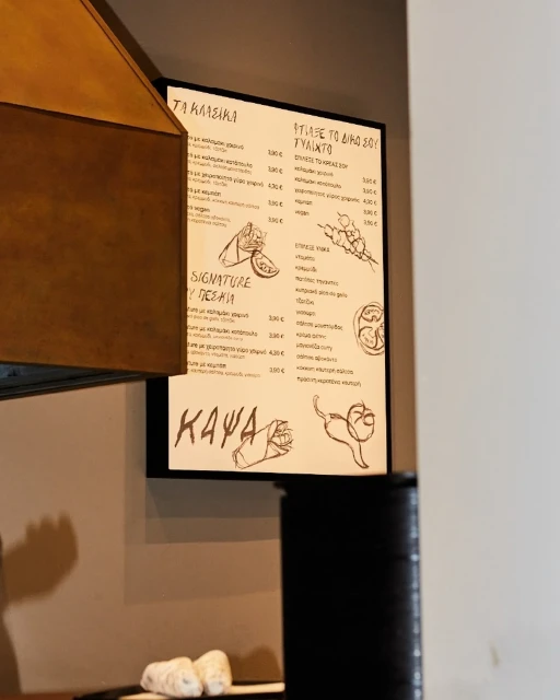 Illuminated menu board presents hand-drawn food illustrations and Greek text in a restaurant setting, casting soft shadows.