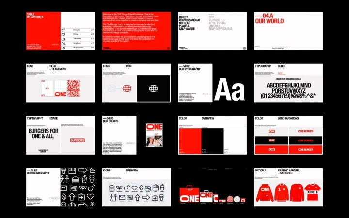Brand guidelines for 'ONE' burger chain: logo variations, color palette, typography, and icon usage examples on contrasting backgrounds.