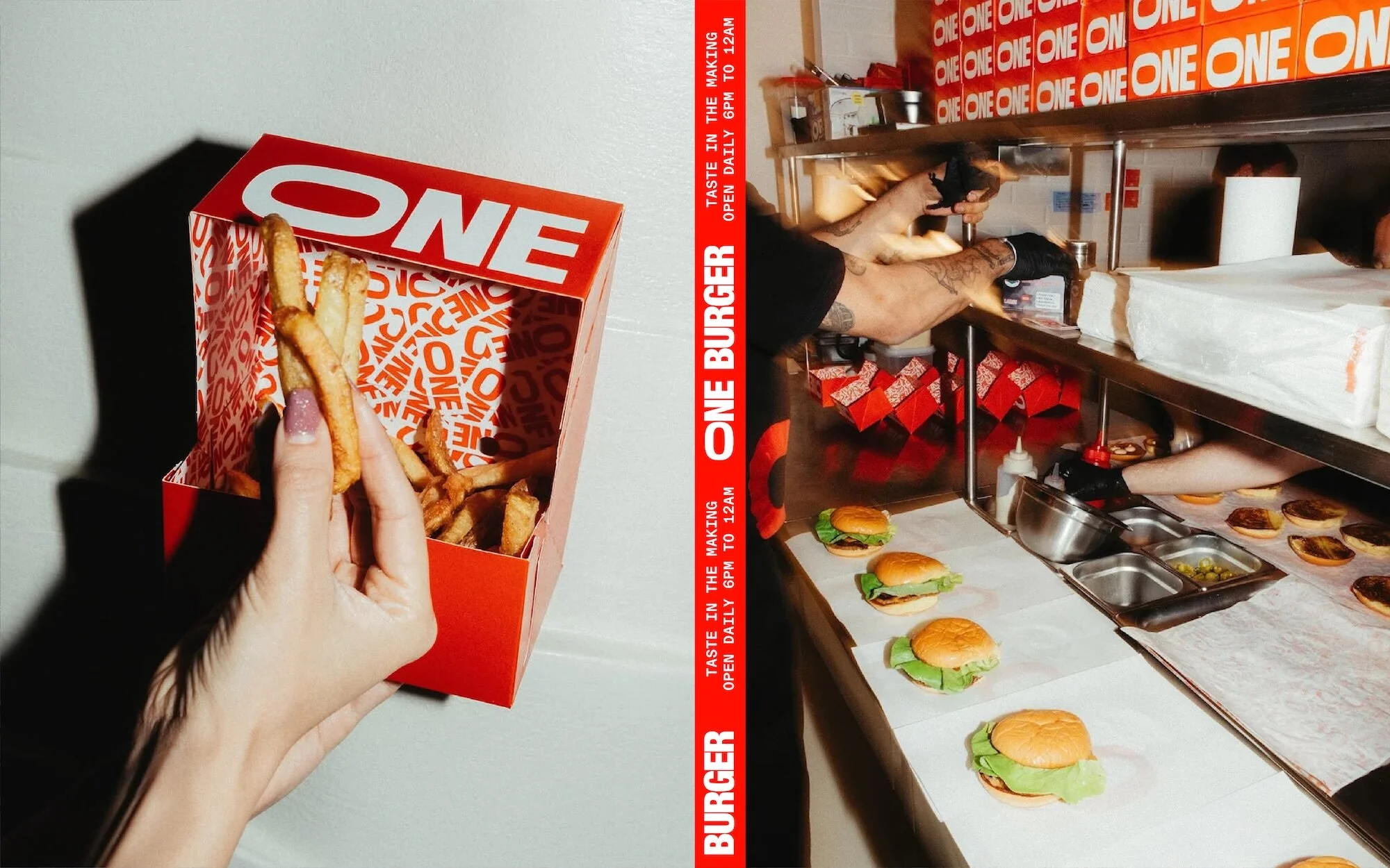 French fries are held over a red and white fast food container in a studio setting. Hamburgers are being prepared in the background.
