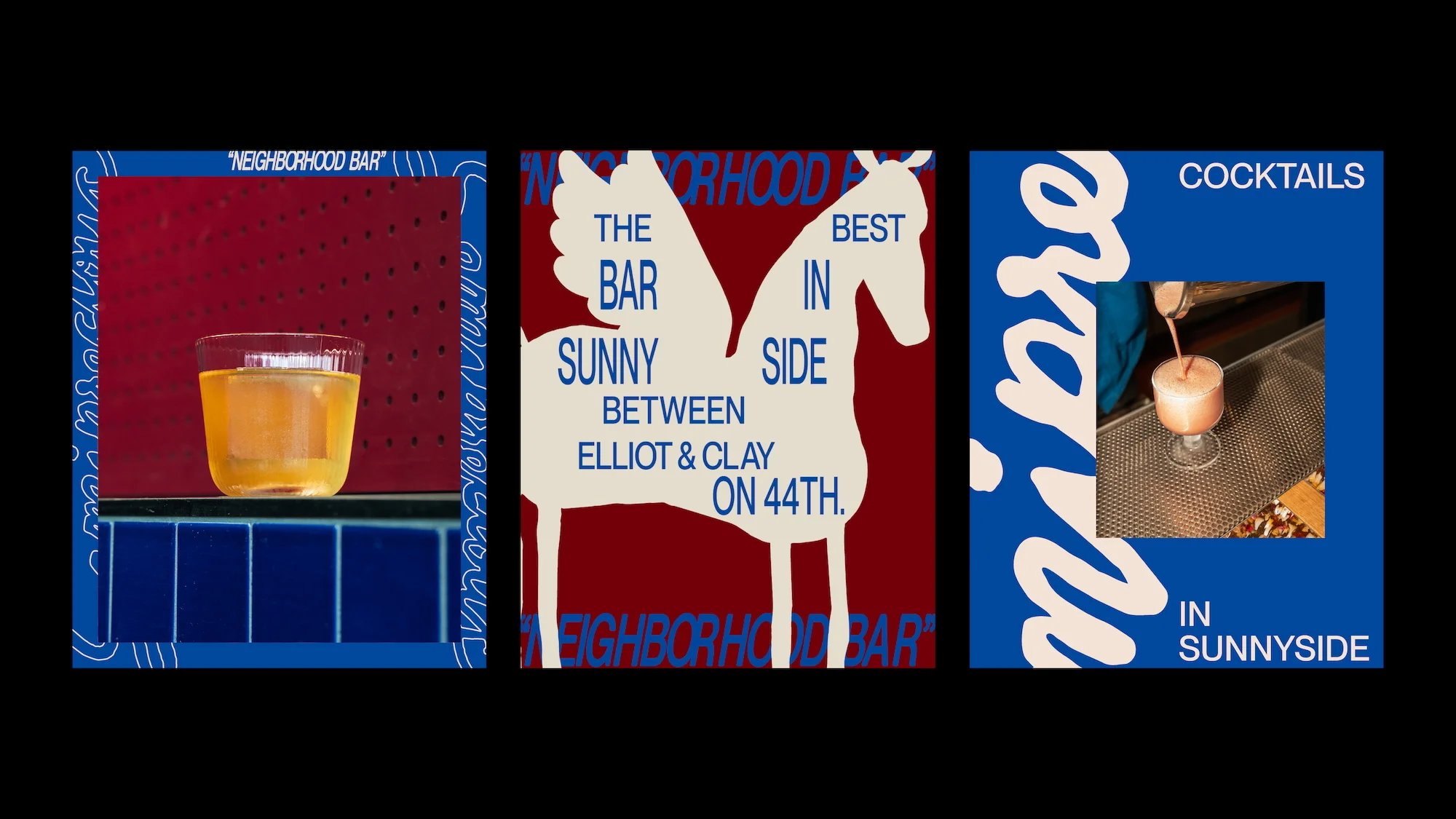 Graphic ad with colorful images of a cocktail drink, red brick wall, and a unicorn with text, displayed side-by-side against a black backdrop.