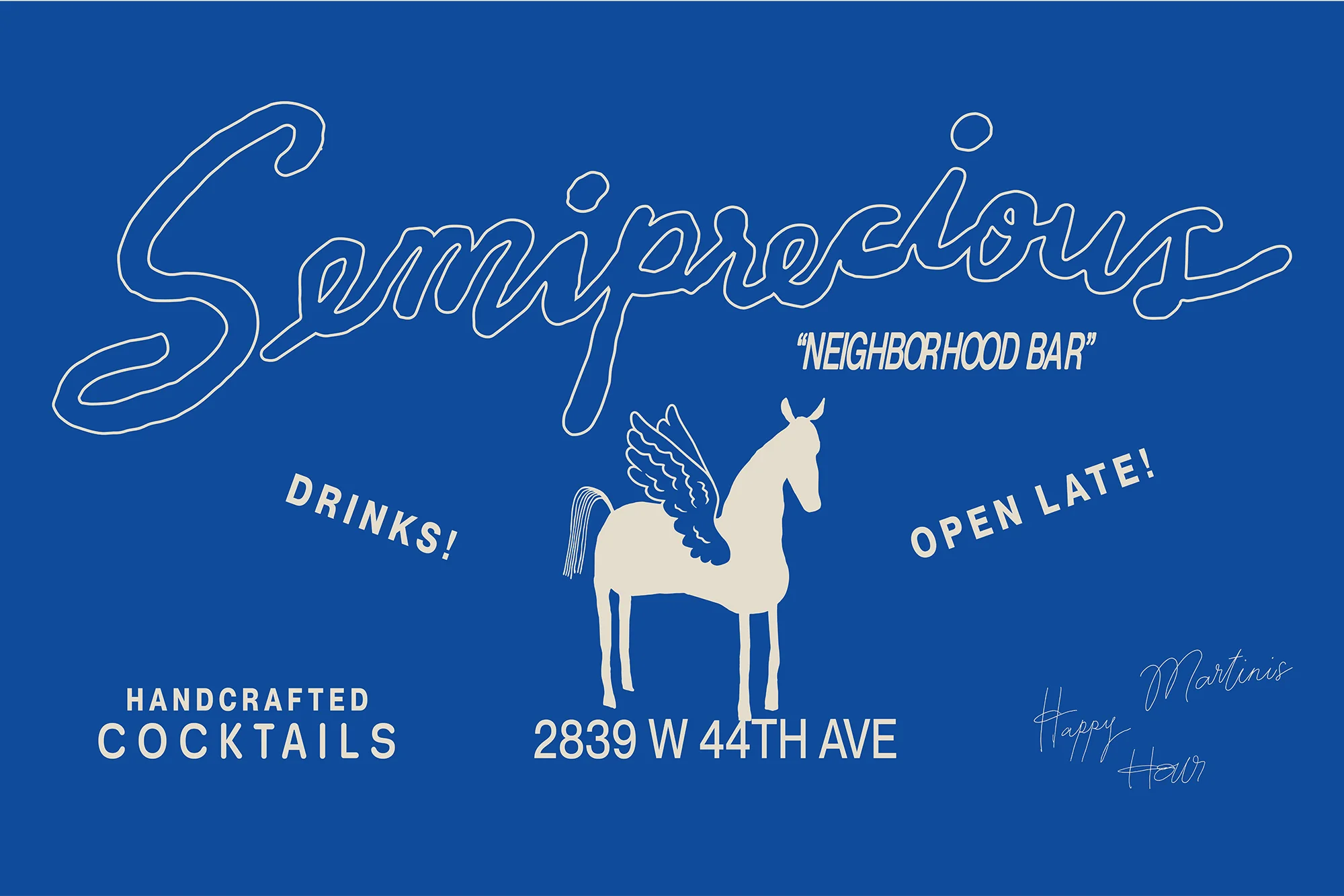 Illustration of Semiprecious Neighborhood Bar advertisement featuring a winged horse, handcrafted cocktails, and address on a blue background.