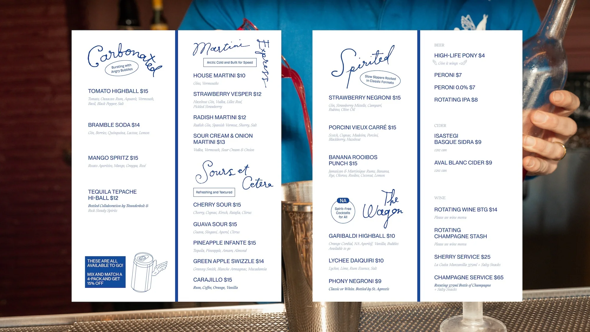A cocktail menu features various beverages with handwritten-style fonts, showcasing drink names, prices, and ingredients at a bar setting.