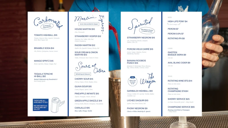 A cocktail menu features various beverages with handwritten-style fonts, showcasing drink names, prices, and ingredients at a bar setting.