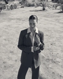 Monochrome fashion portrait of a model wearing an oversized blazer and striped shirt outdoors among desert plants