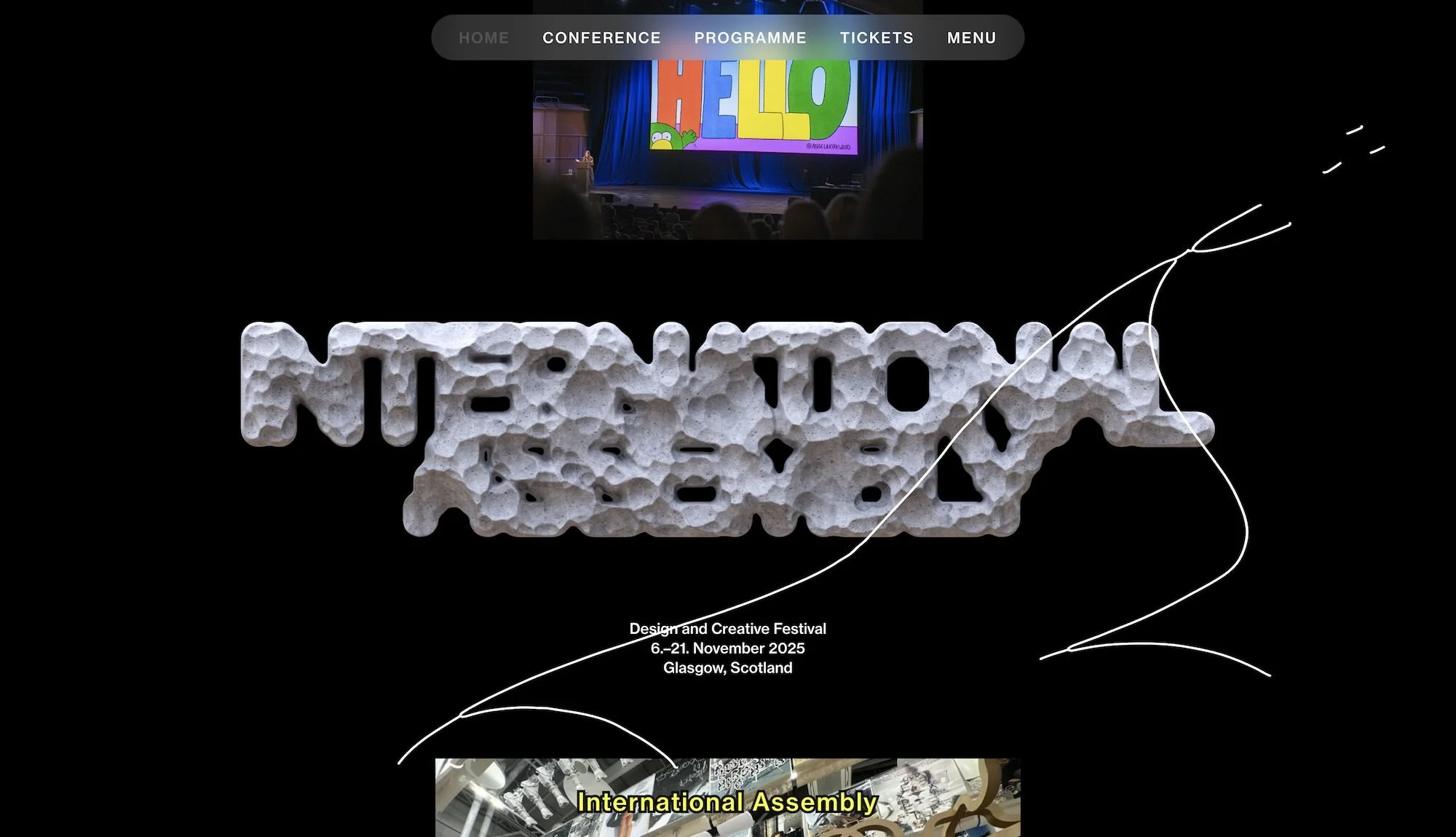 Website design for the International Assembly creative festival in Glasgow, Scotland, featuring event dates and a presentation on stage.