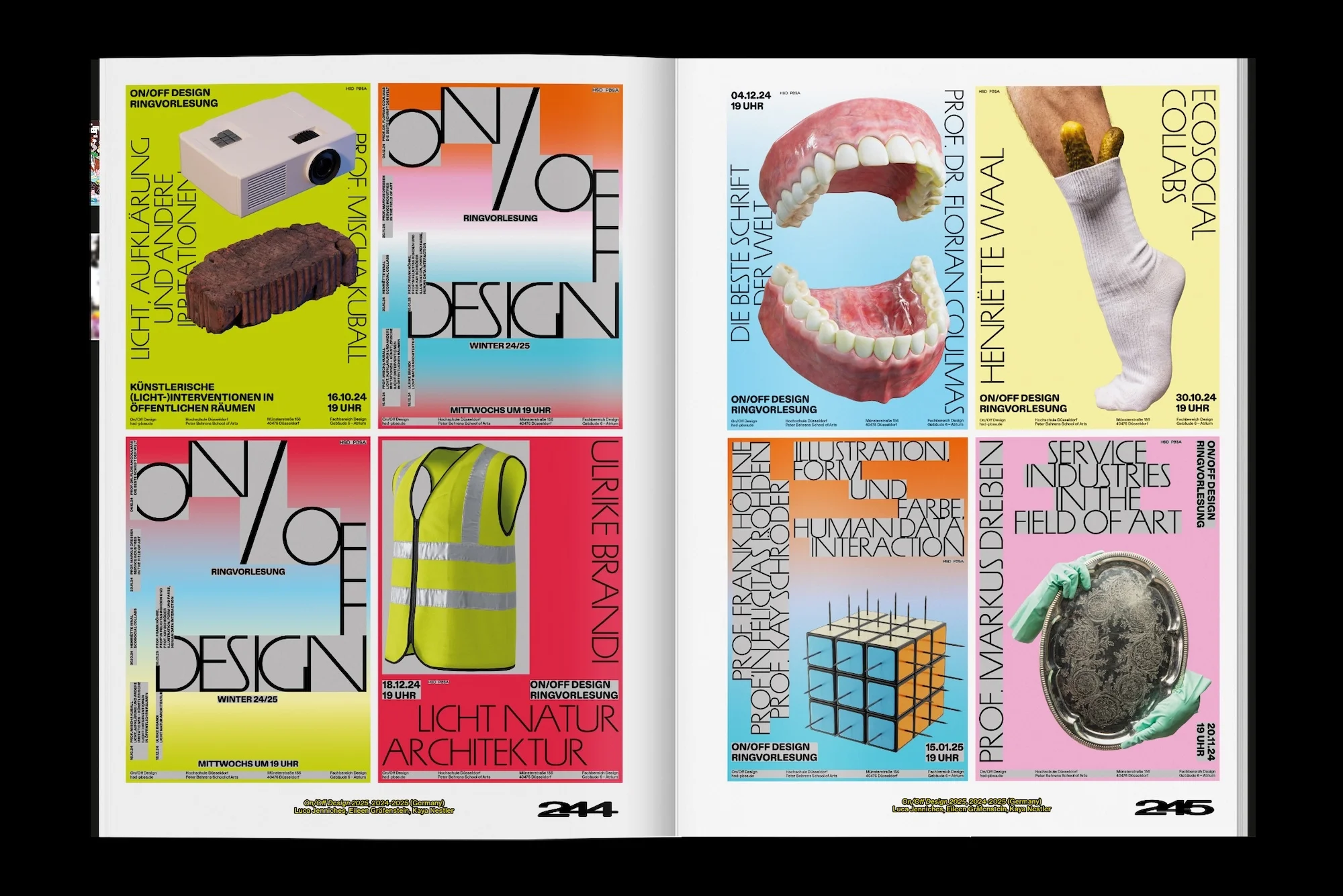 Page spread of an open book featuring colorful graphic design posters with typography and various objects on a black background.
