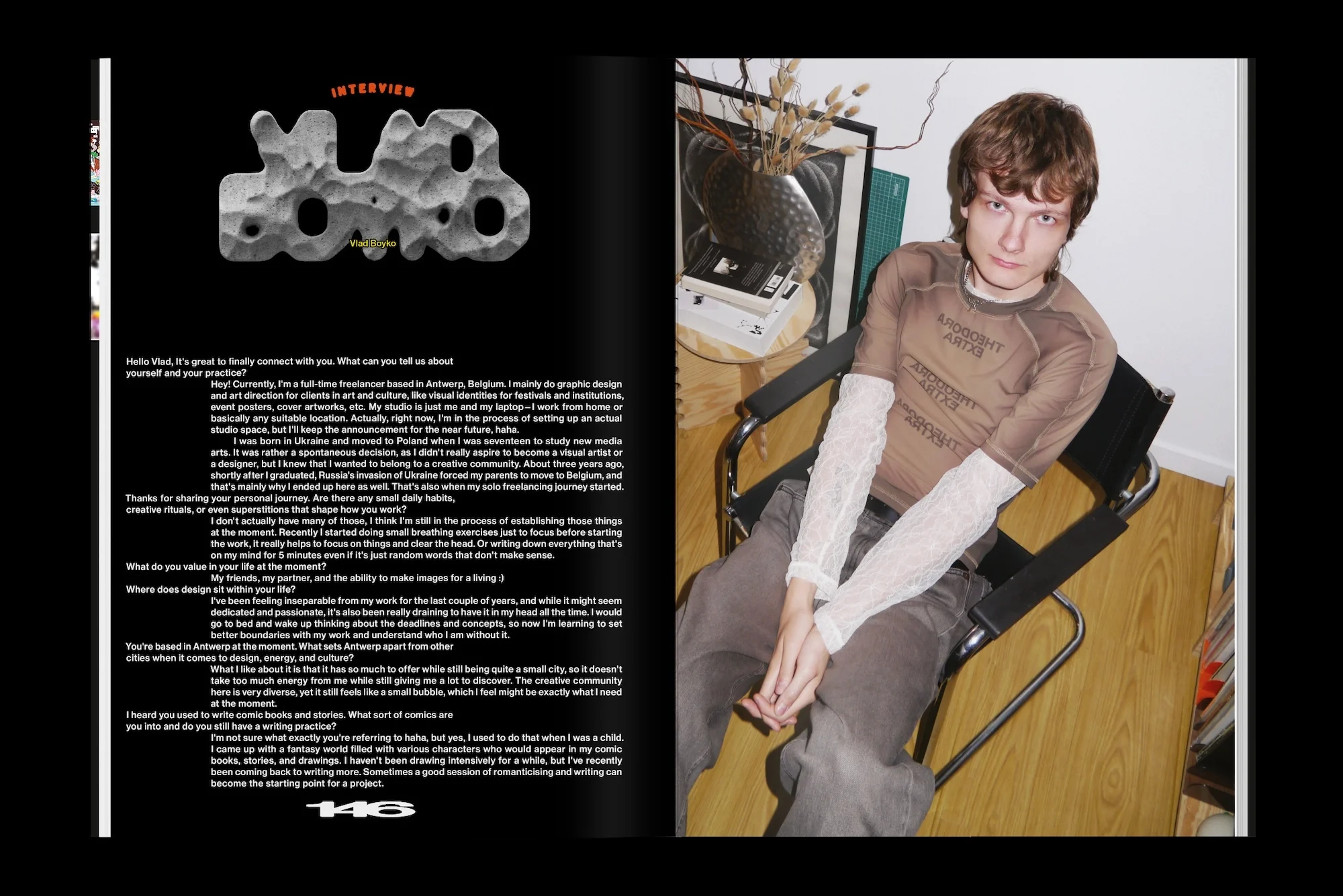 An indoor magazine spread with a young man sitting in a black chair on the right page and the magazine design elements on the left.