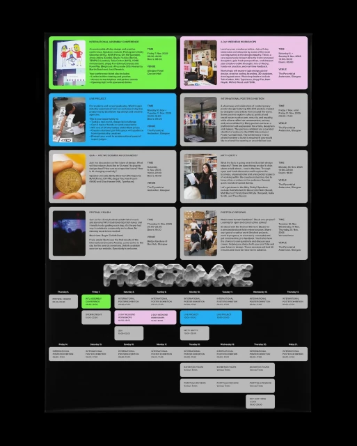 Collage of event promotion, displays images, text, and a program schedule, presented in a visually appealing layout with a dark background.