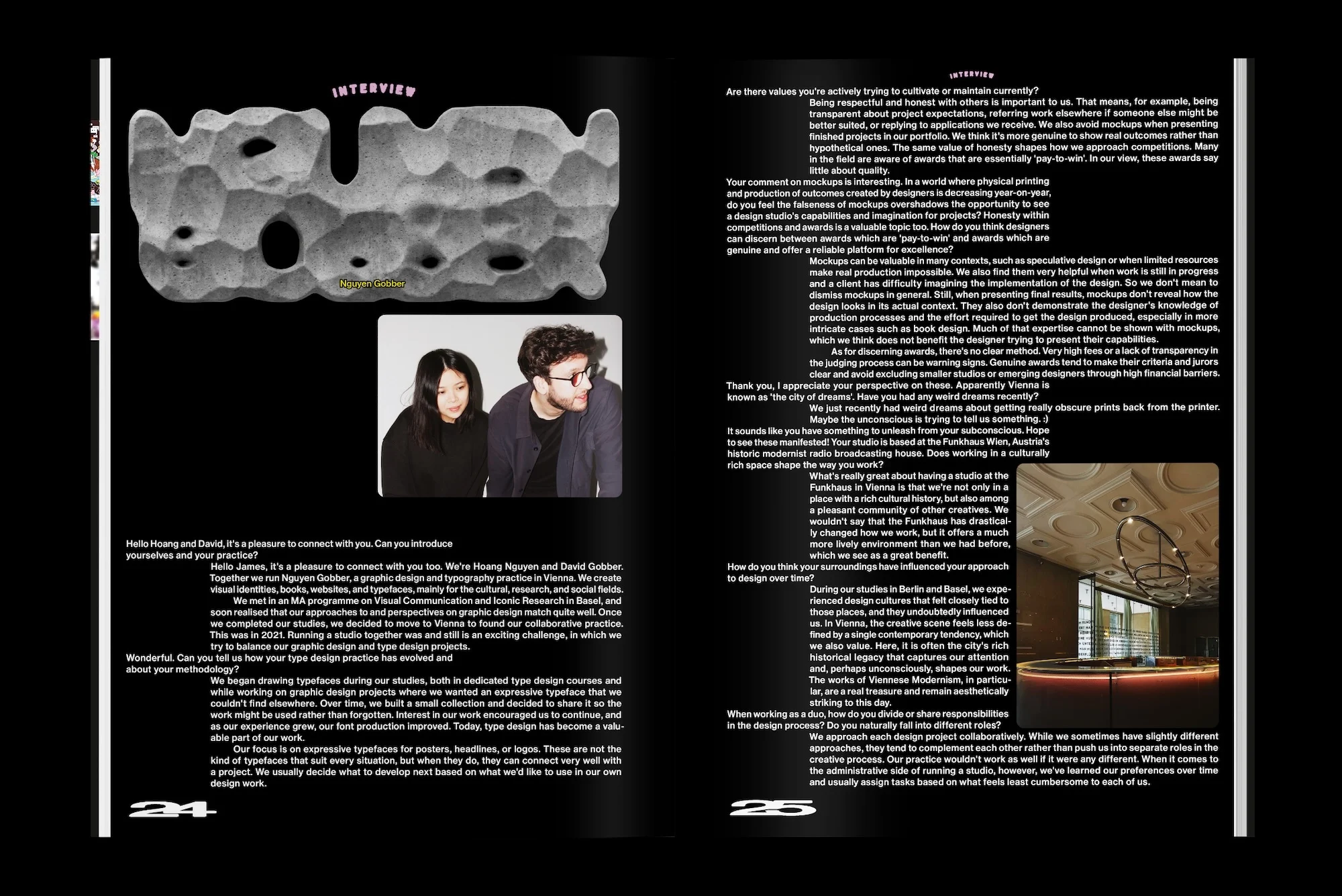 Magazine spread features an interview with Hoang Nguyen and David Gobber, graphic designers, alongside abstract illustration and graphic typography.