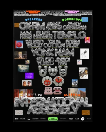 International Assembly poster promoting speakers and workshops with a black background and abstract 3D lettering.