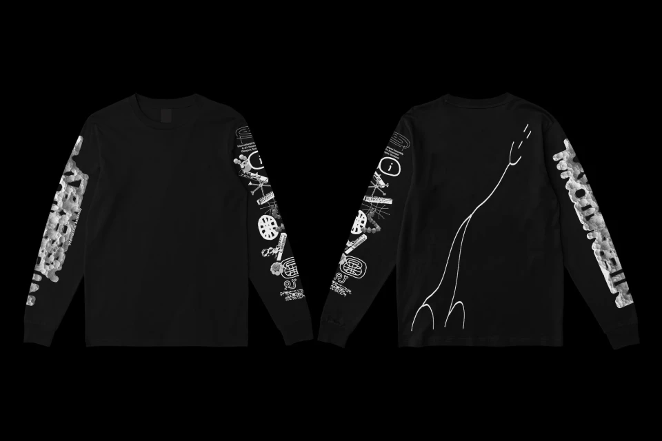 Two long-sleeved black shirts are displayed against a black background, featuring white graphic designs on the sleeves and back.
