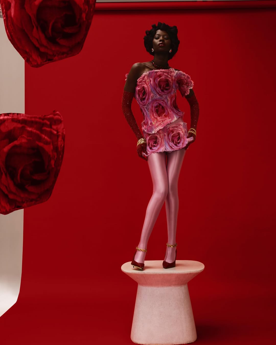 Woman in pink rose dress stands on small pink stool against red background with red rose ornaments floating in a studio setting.