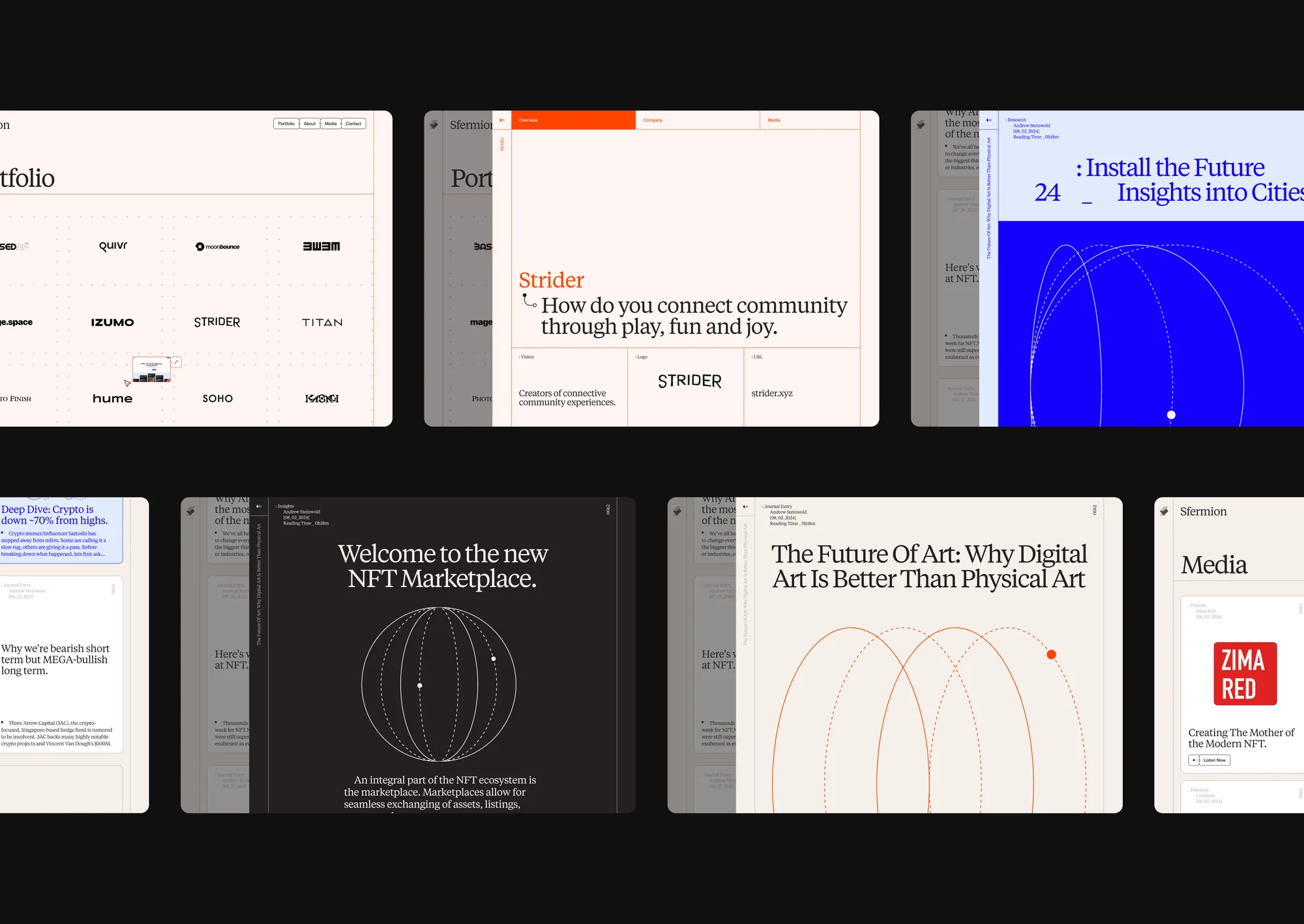 Showcase of website design layouts featuring diverse typography, color palettes, and UI elements for various digital platforms.