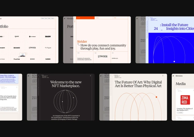 Showcase of website design layouts featuring diverse typography, color palettes, and UI elements for various digital platforms.