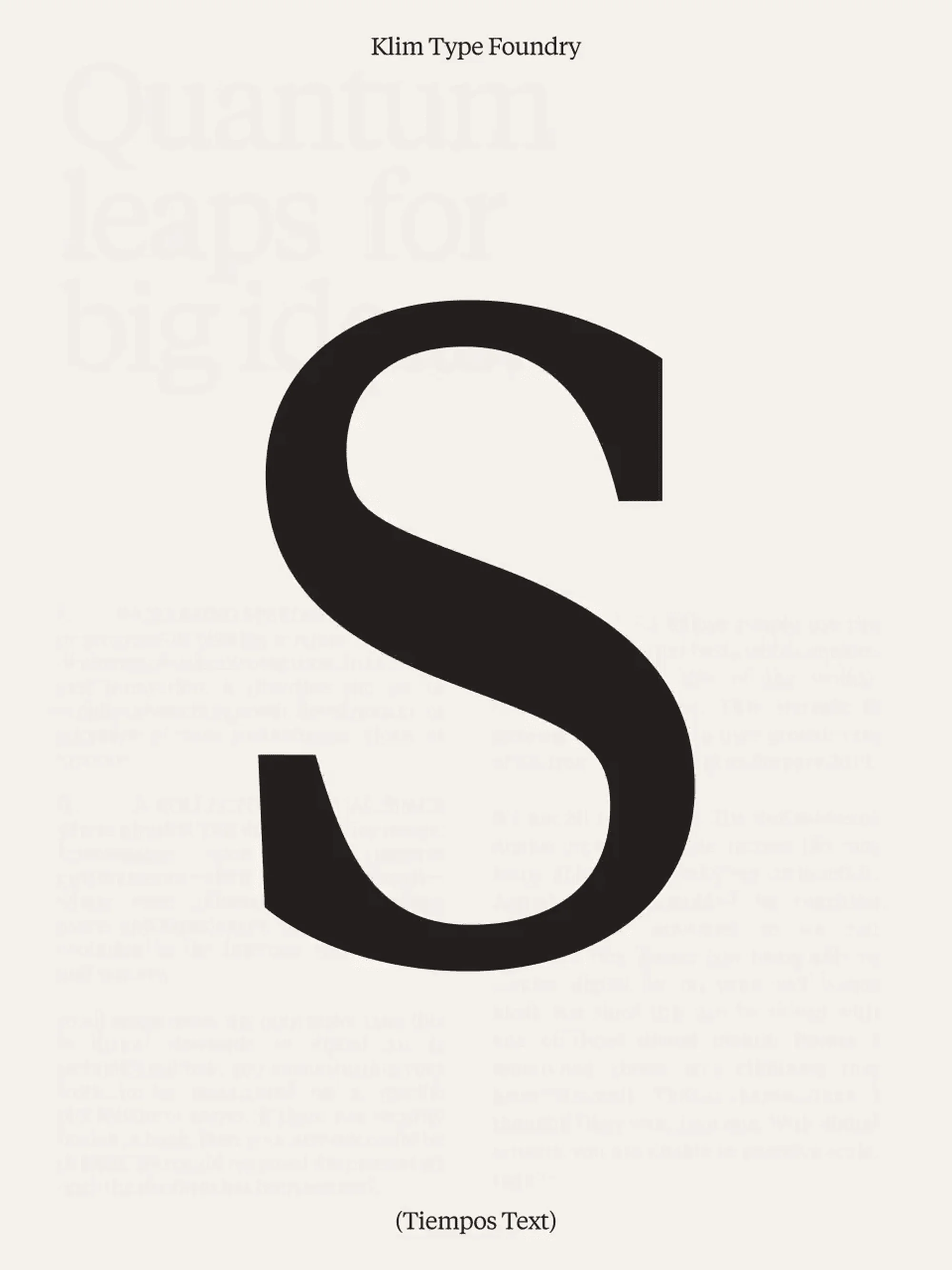 Promotional image featuring a large letter S in black against a cream-colored background with the text 'Klim Type Foundry' at the top.