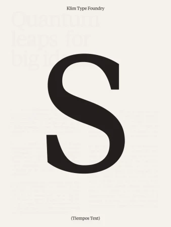 Promotional image featuring a large letter S in black against a cream-colored background with the text 'Klim Type Foundry' at the top.