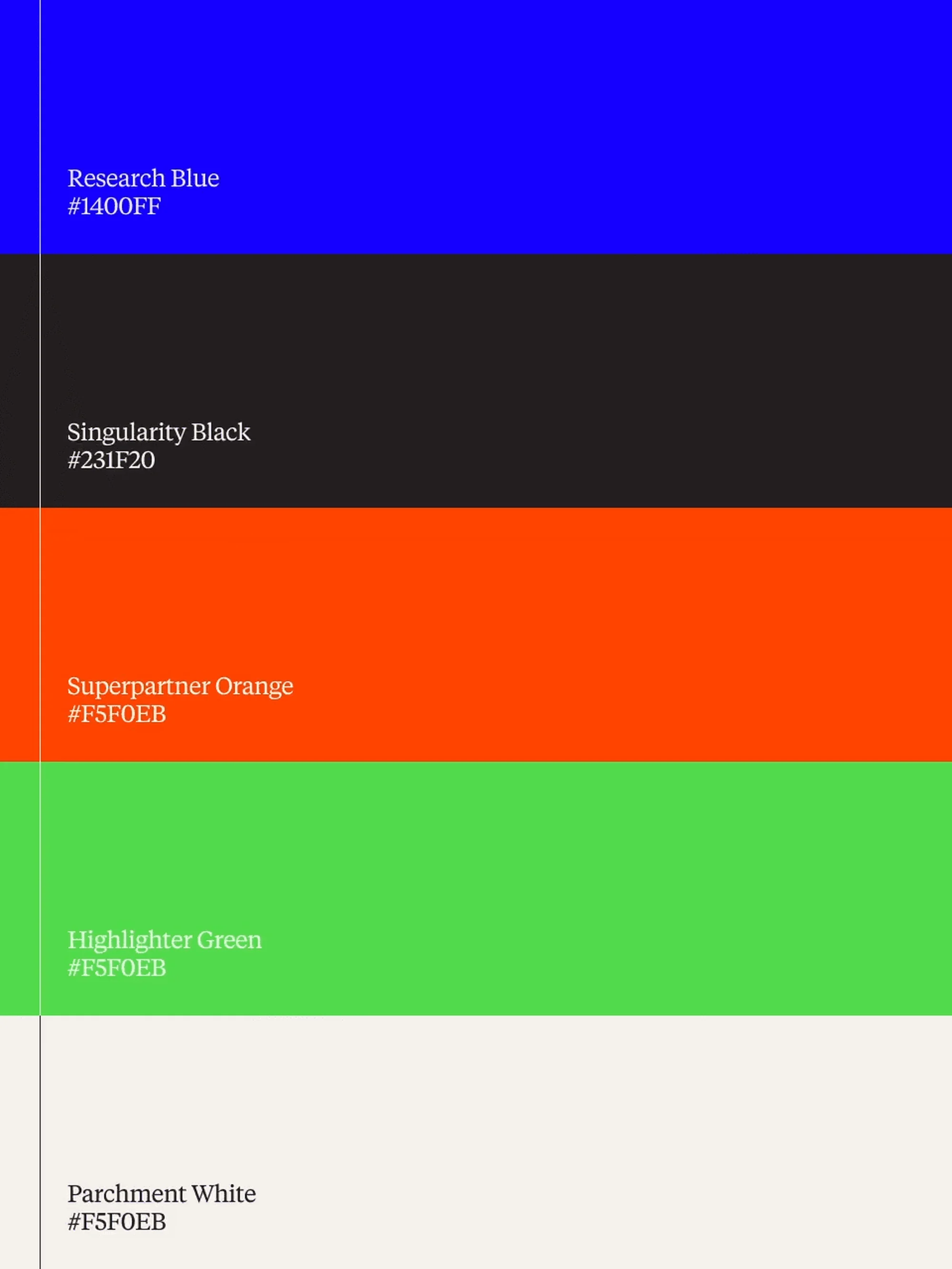 Color palette featuring Research Blue, Singularity Black, Superpartner Orange, Highlighter Green, and Parchment White in horizontal bands.