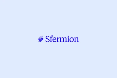 Sfermion brand logo featuring dark blue serif typography and a dotted geometric mark on a pale blue background.