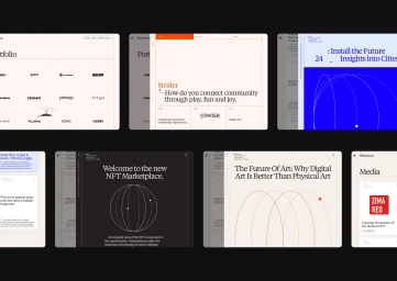 Grid of digital interface layouts and typography showcases for Sfermion brand identity project against dark background