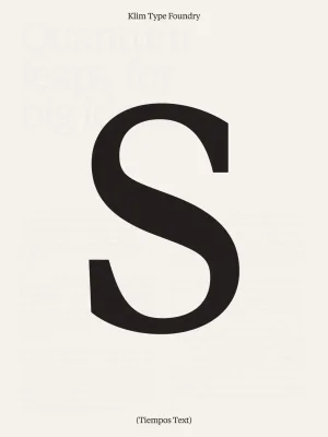 Minimalist graphic design poster featuring a large black letter S on an off-white background with Klim Type Foundry branding.