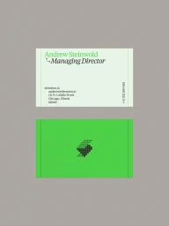 Two business cards for Sfermion displayed on a neutral grey background featuring typography and a dotted logo mark
