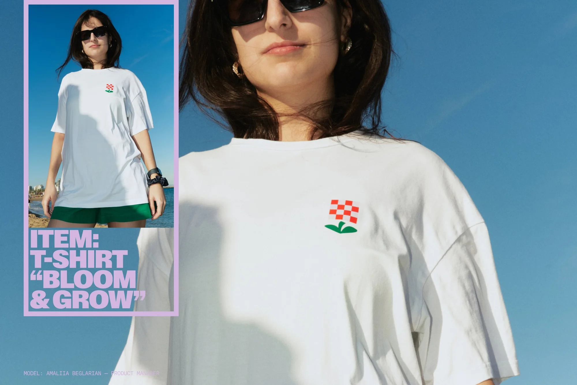 A young woman is posing in front of a blue sky and a t-shirt with a flower print and wearing sunglasses. Fashion shot. Beauty shot.