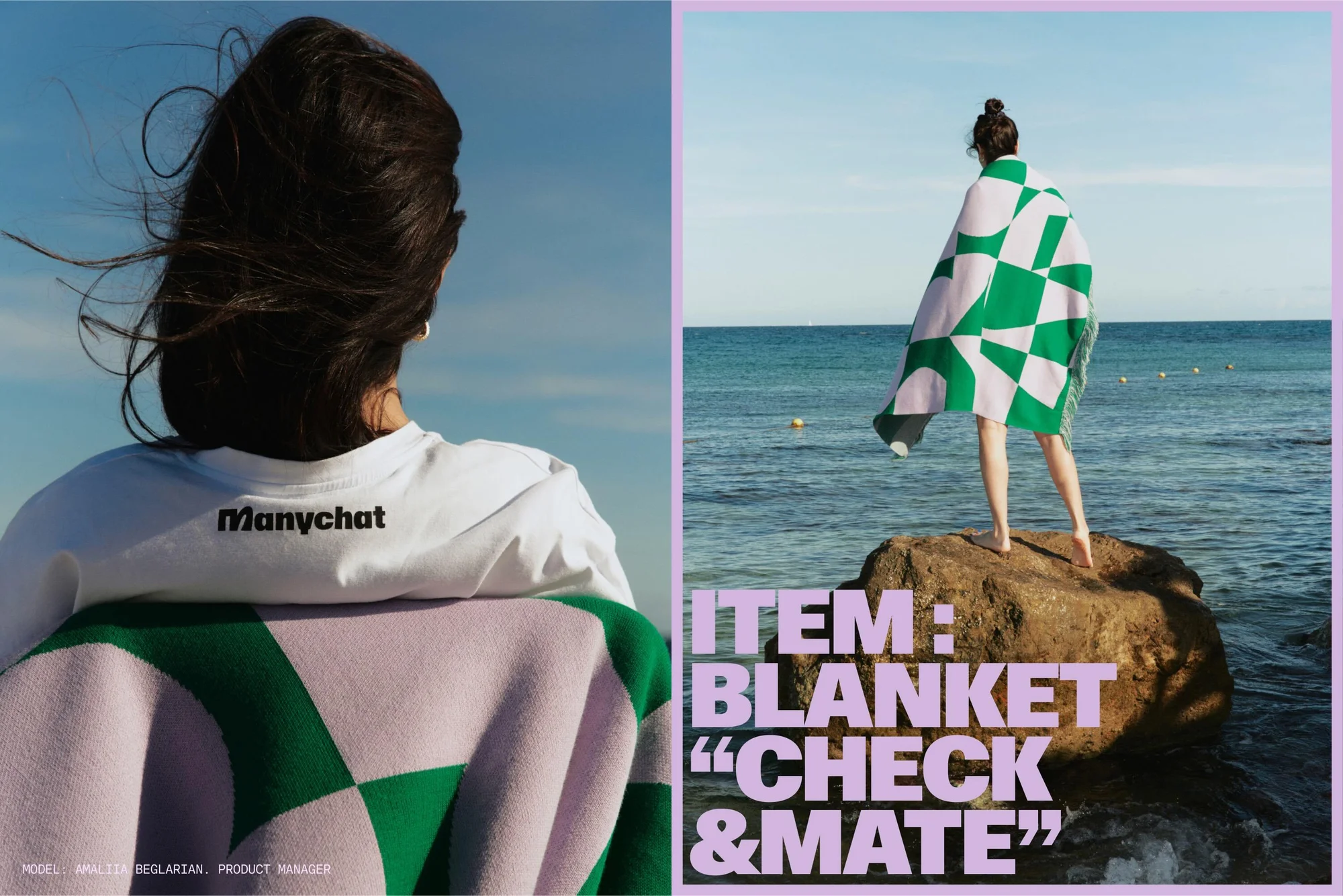 Split-screen: Back view of woman in white shirt with logo, draped checker blanket. Woman in blanket stands on rock by the ocean.