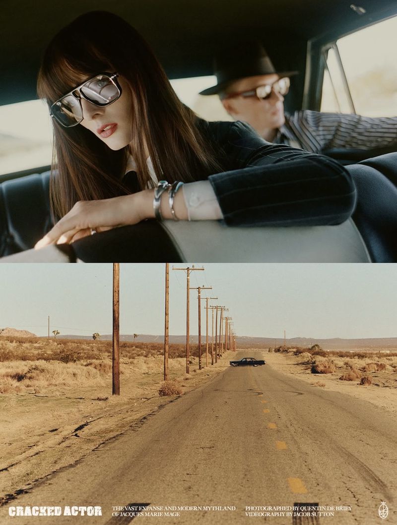 A woman and man ride in a car on a desert highway; telephone poles line the road and a car travels in the distance; split screen composition.