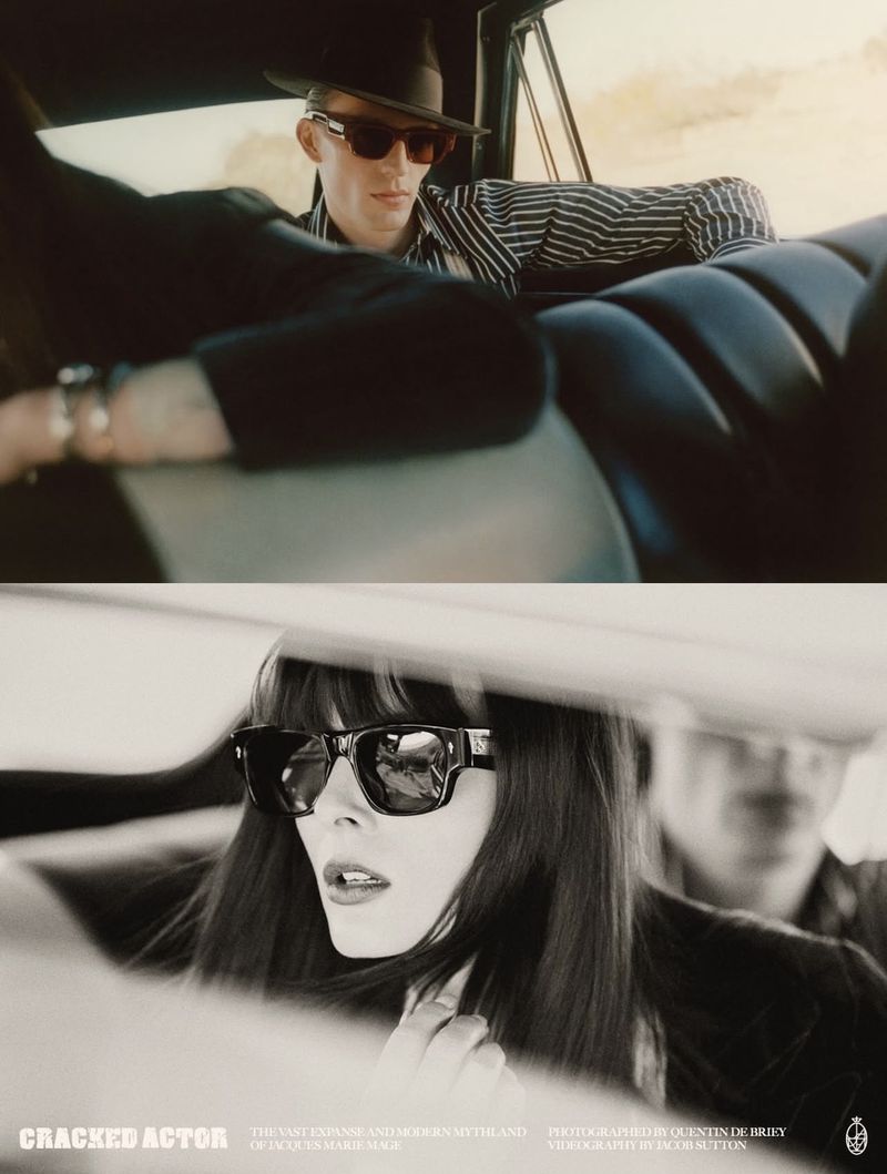 Two split frames of models in sunglasses inside a car, for Jacques Marie Mage Cracked Actor collection.