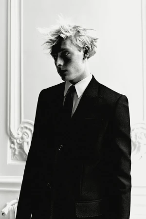 Black and white portrait of a blonde man in a dark suit, white shirt, and black tie against a decorative wall. Fashion editorial.