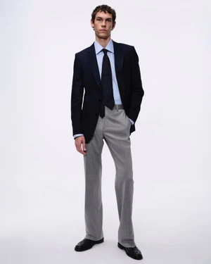 Full-length portrait of a male model wearing a dark blazer, light blue shirt, dark tie, and grey trousers against a seamless white backdrop.