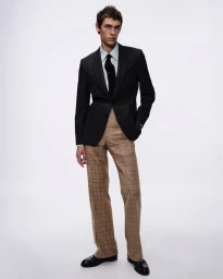 Model wearing a dark blazer, light-colored shirt, tie, and plaid trousers against a neutral background.