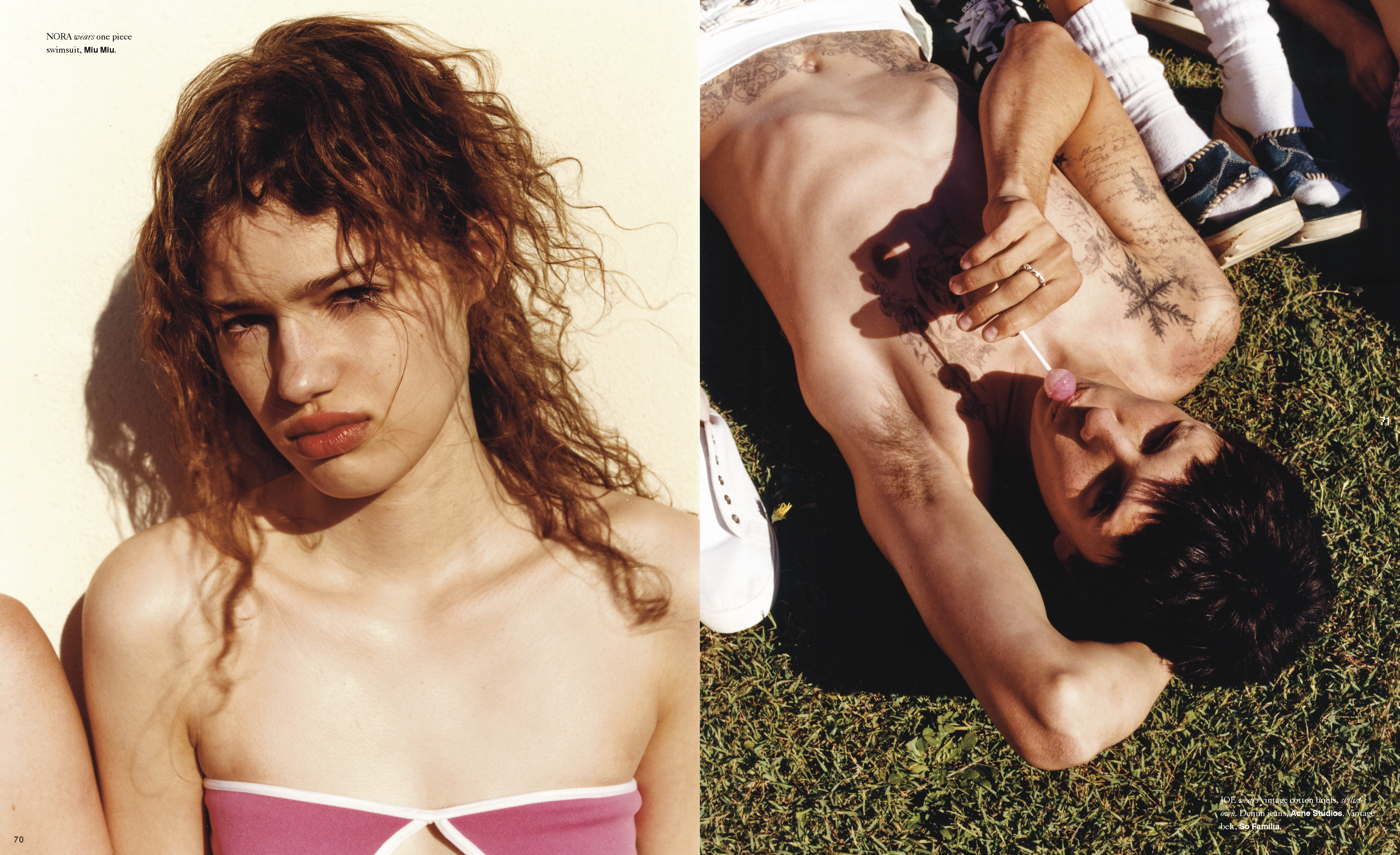 Split-screen fashion shot featuring a young fair-skinned woman with curly hair and pink top, and a tattooed man lying on grass with a lollipop.