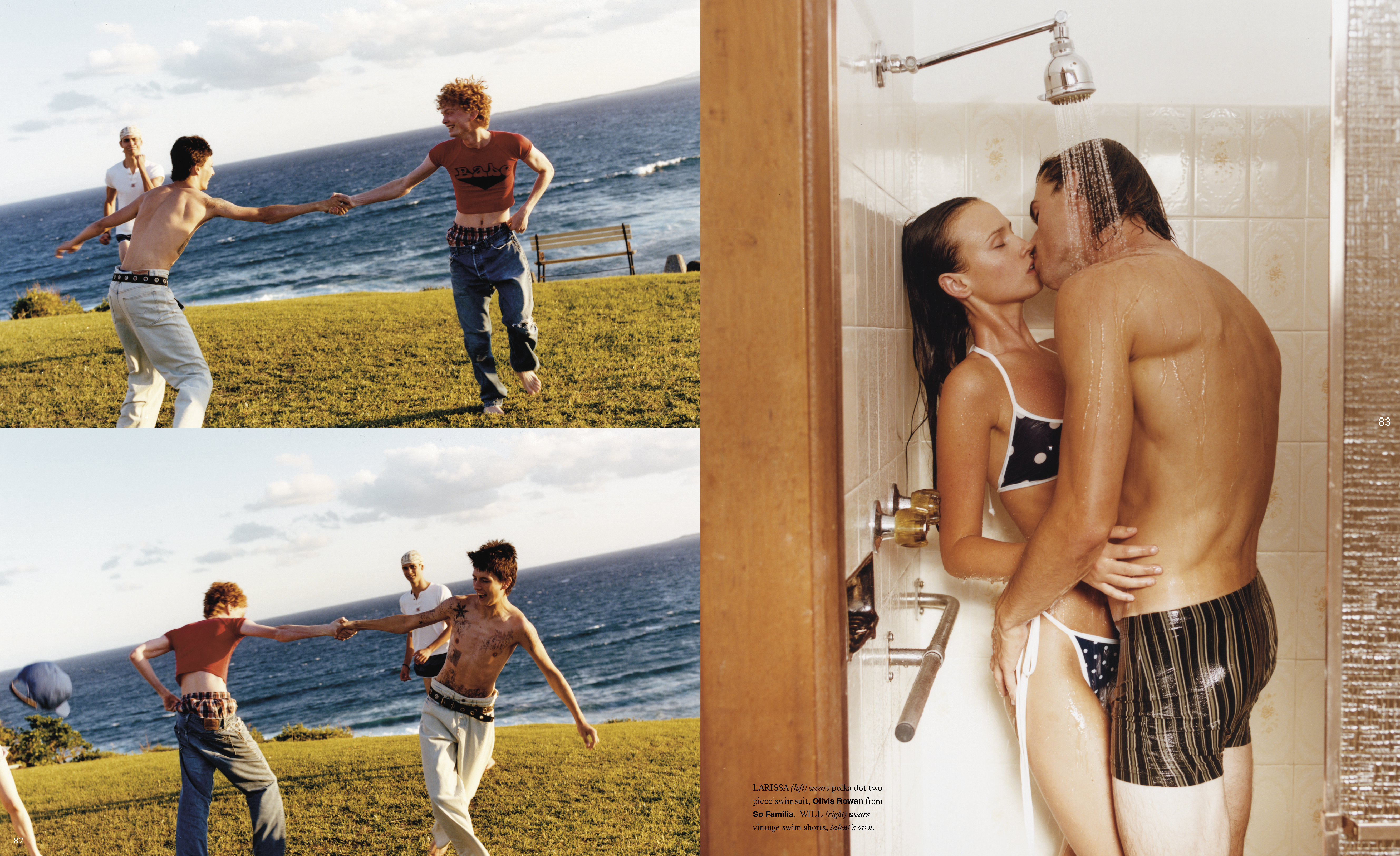 Two men run barefoot on grass toward the ocean, holding hands; inside, a woman and man embrace under a shower.