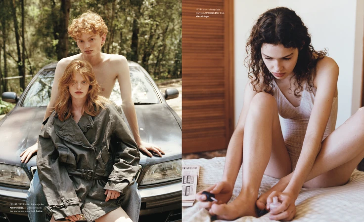 Fashion editorial shot of a young couple in a forest with a car, and a woman applying nail polish in an indoor setting.