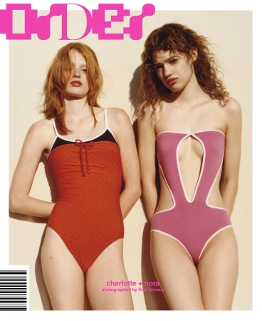 Two fashion models pose in vintage-style swimsuits against a neutral background, showcasing a retro aesthetic with vibrant colors and clean lines.