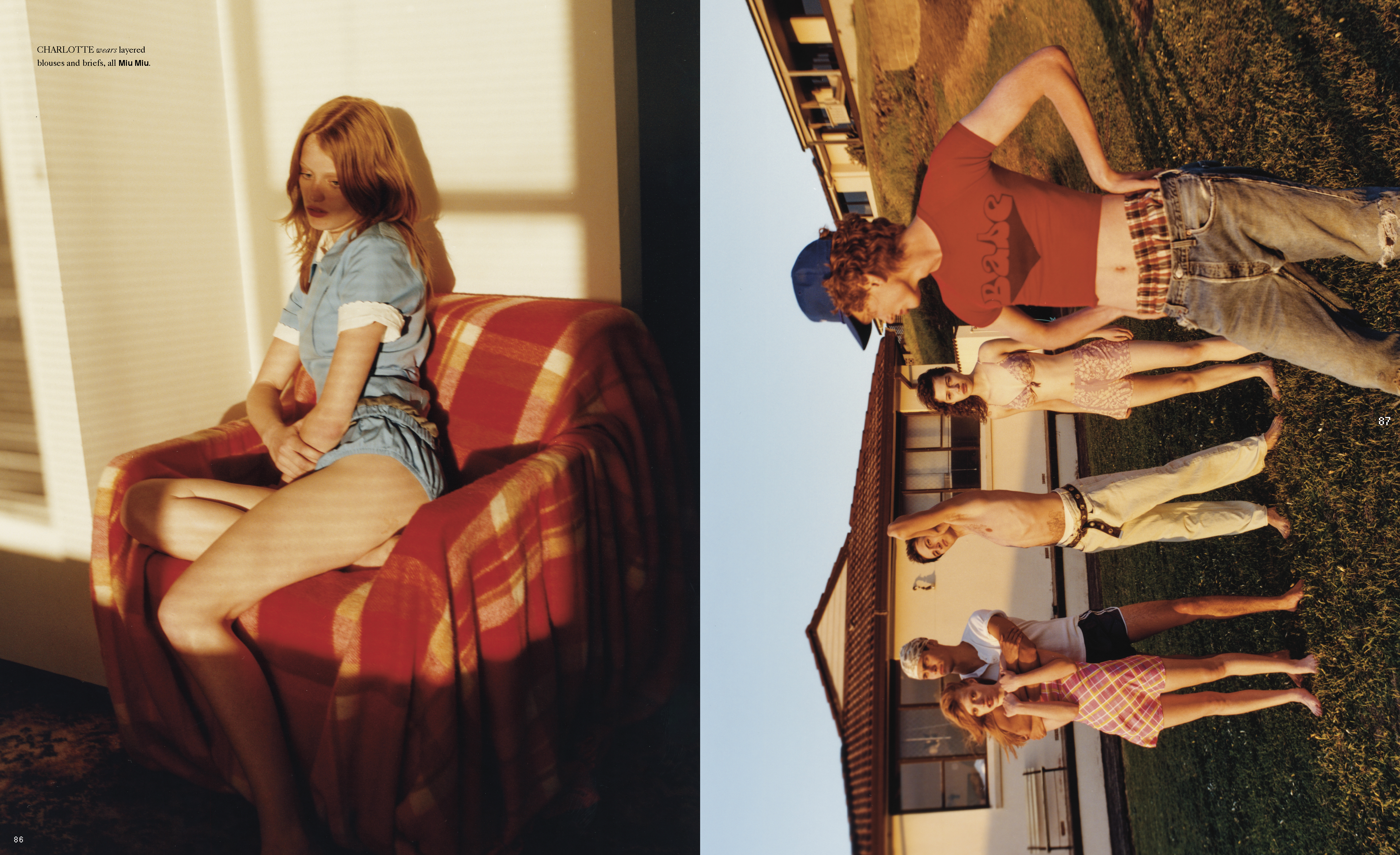 Magazine split spread featuring a red-haired woman in a blue dress sitting in a plaid armchair and a group of people lying on grass.