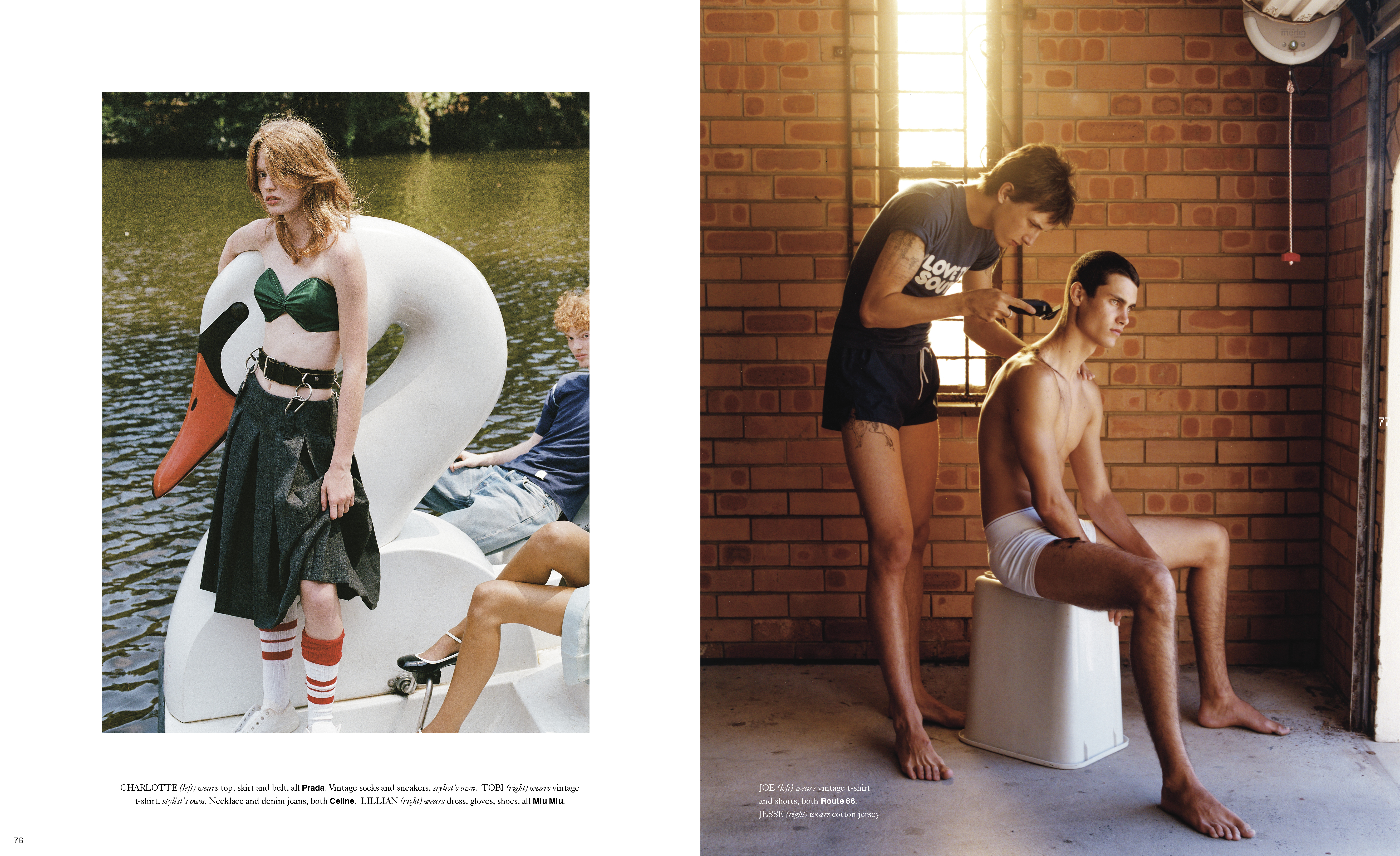 Editorial fashion shots featuring two young adult models; one with red hair and a swan-shaped float on a lake, and two men indoors.
