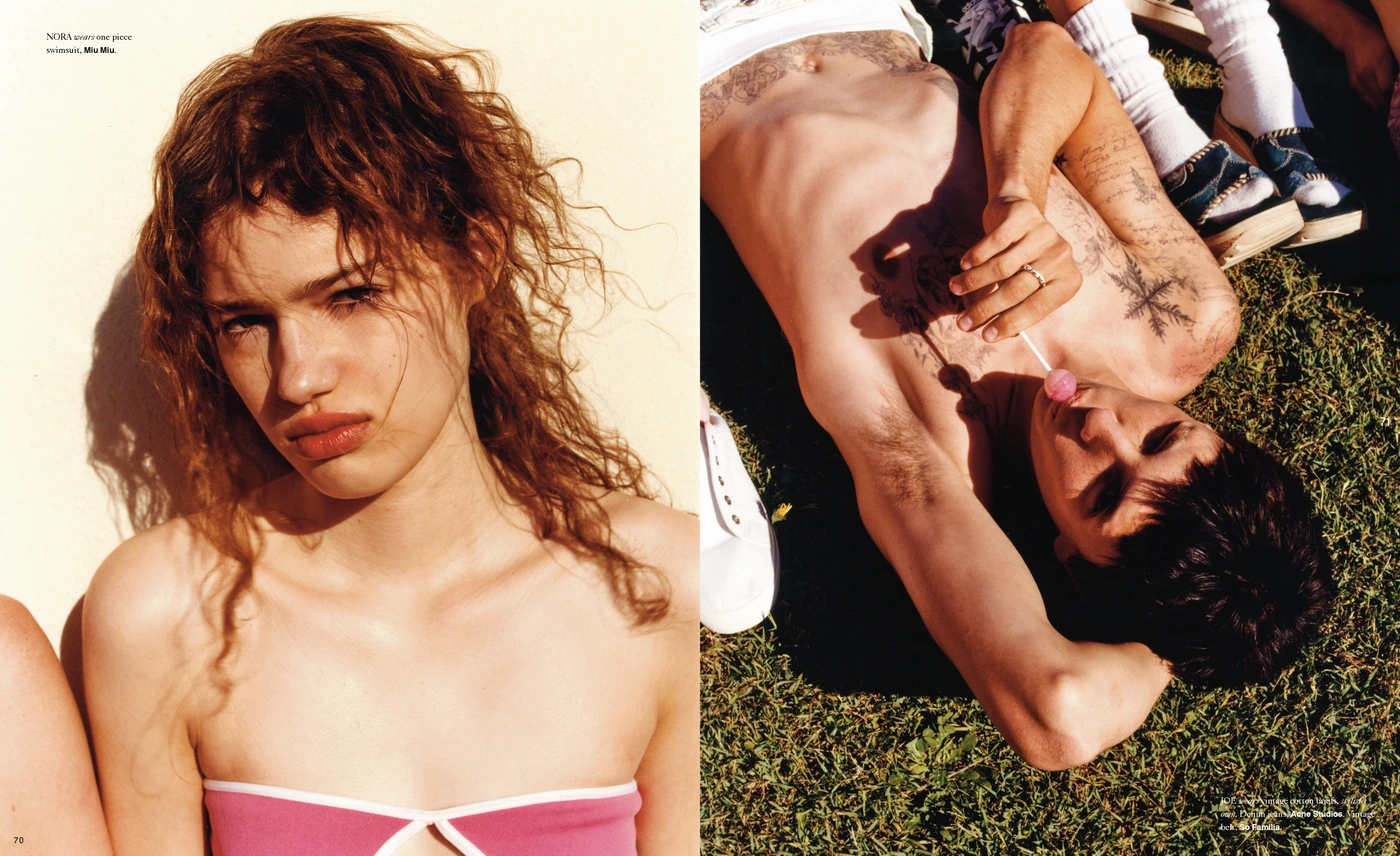 Close-up split spread with a woman in a pink top on the left and a tattooed man lying on grass holding a lollipop on the right.