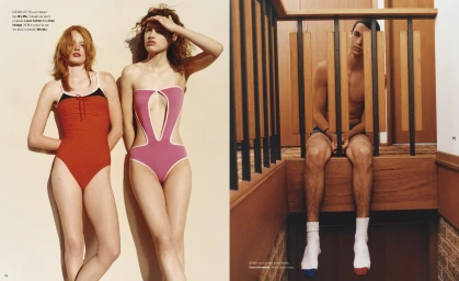 Two women posing in swimwear next to a man seated behind wooden railings for Edition 03 cover story by Order