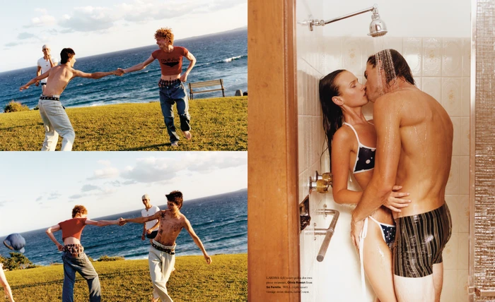 Editorial spread featuring people near the ocean and a couple embracing under an indoor shower