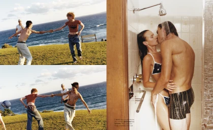 Editorial spread featuring people near the ocean and a couple embracing under an indoor shower